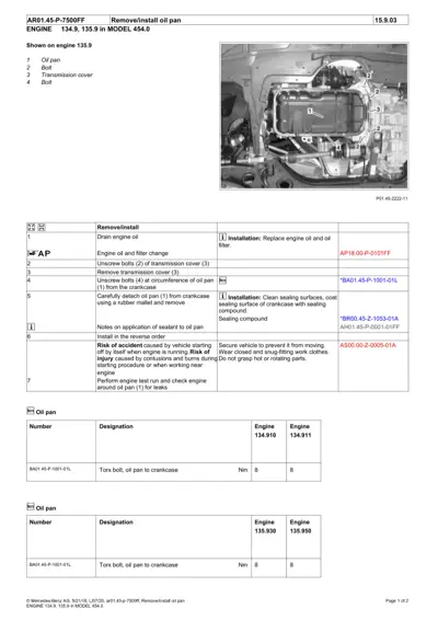 Engine oil pan removal diagram with four numbered callouts showing pan, bolts, and transmission cover on 454 chassis.