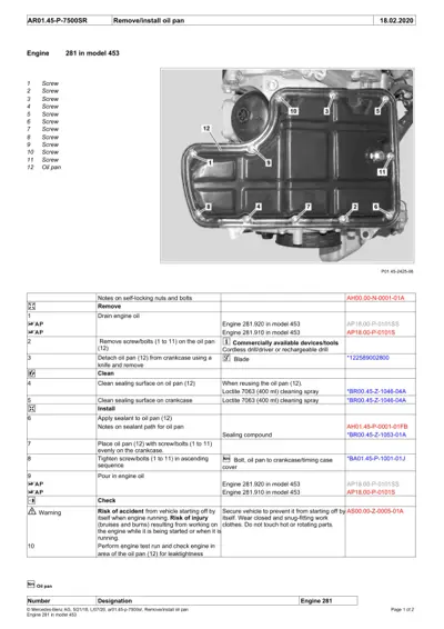 Engine oil pan with numbered callouts showing screw positions and drain procedure for chassis 453.