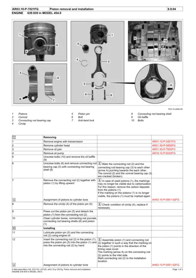 Exploded diagram showing pistons, connecting rods, circlip, and bearing components with removal/installation checklist.