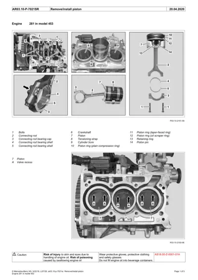 Exploded diagram of piston assembly for Smart 453 engine showing connecting rod, rings, and related parts.