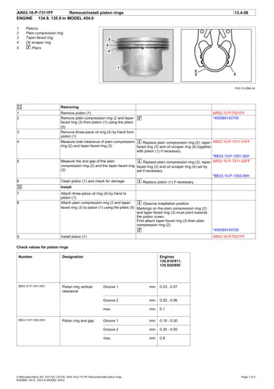Technical diagram showing piston rings and step-by-step removal/installation instructions with measurement values.