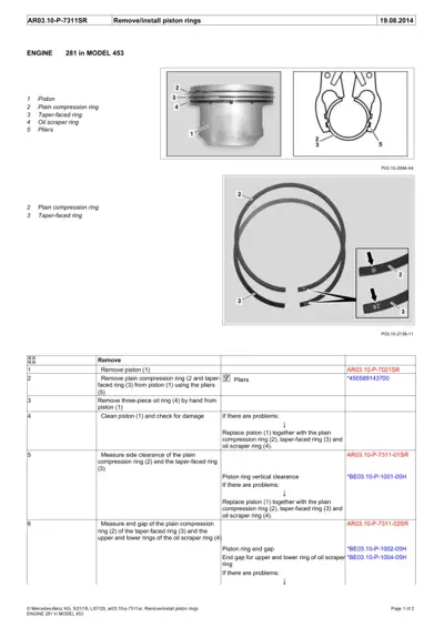 Piston ring removal and installation diagram showing plain compression ring, taper-faced ring, and oil scraper ring with numbered callouts.