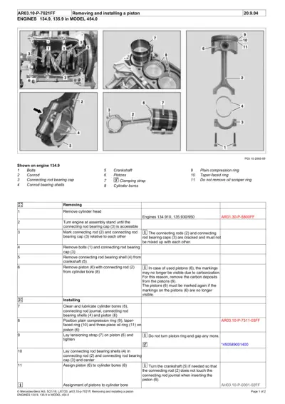 Six technical diagrams showing engine assembly, piston components, and connecting rod disassembly with 11 numbered callouts.
