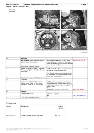 Engine compartment photos showing belt pulley alignment, screw plug removal, and balancing shaft inspection procedures.