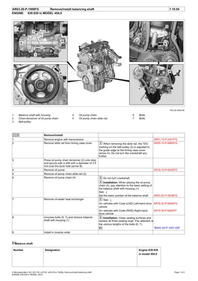 Engine balancing shaft removal and installation guide with annotated callouts and procedural steps.