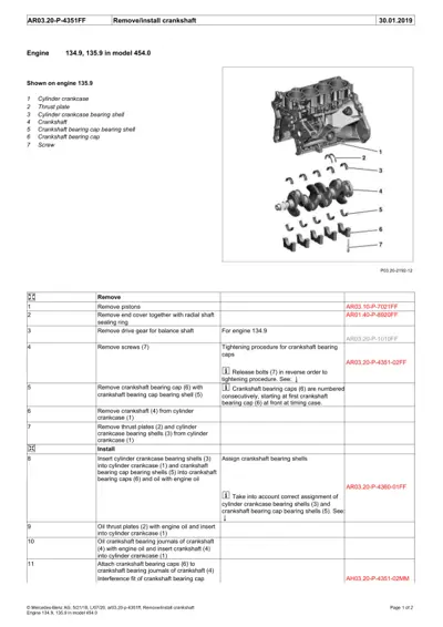 Exploded diagram of crankshaft assembly with cylinder crankcase, thrust plate, bearing shells, and fasteners labeled 1-7.
