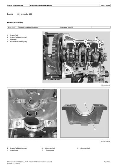 Engine crankshaft assembly diagram with numbered callouts showing bearing caps, flywheel, and thrust plate components.