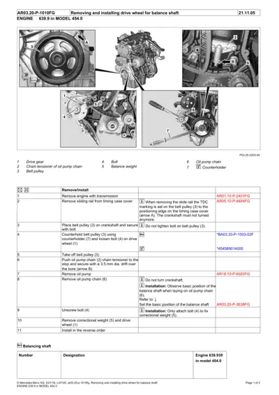 Exploded view of engine components showing drive wheel, pulleys, and balance shaft assembly with callout numbers.