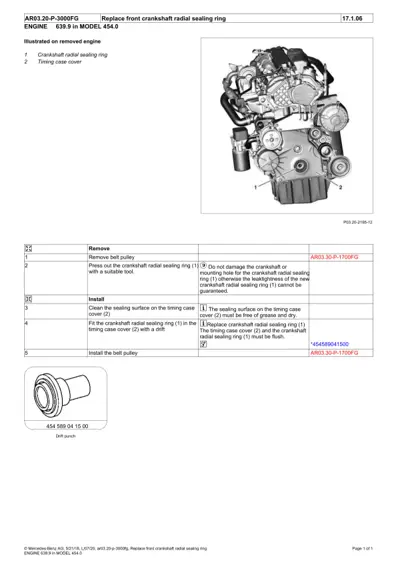 Engine diagram showing crankshaft sealing ring location with numbered callouts and service procedure table.
