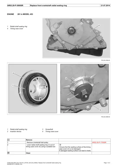 Engine timing case with labeled radial shaft sealing ring and insertion device components for 453 chassis.