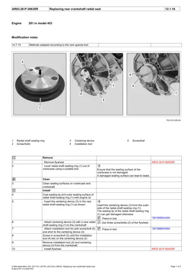 Three technical photos showing radial shaft sealing ring, centering device, and installation tool with numbered callouts 1-5.