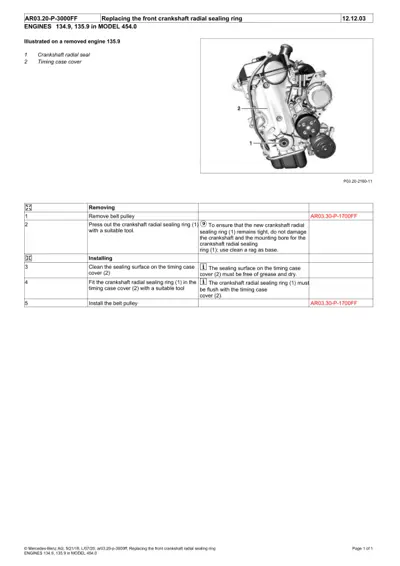 Engine diagram showing crankshaft radial seal and timing case cover locations with numbered callouts and service procedure table.
