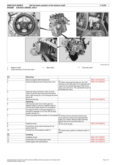 Engine service diagram showing balance shaft, belt pulley, oil pump chain, and numbered removal/installation procedure steps.