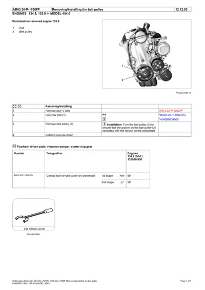 Engine diagram showing belt pulley location with numbered callouts, service procedure table, and torque specs.
