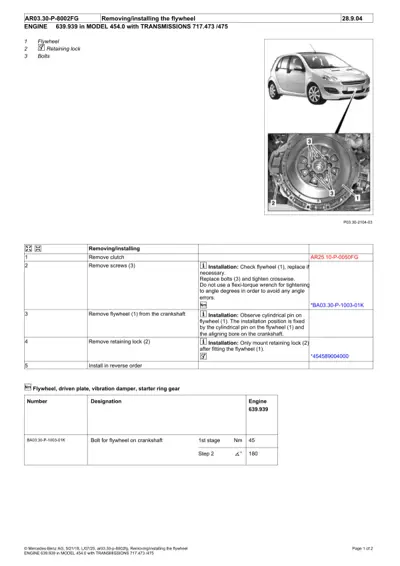 Service manual page showing flywheel removal steps with numbered callouts and torque specifications for crankshaft bolt.
