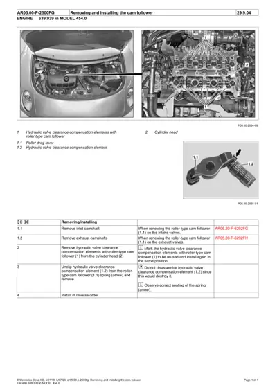 Engine bay photo, cylinder head diagram, and cam follower component with numbered callouts and service steps table.