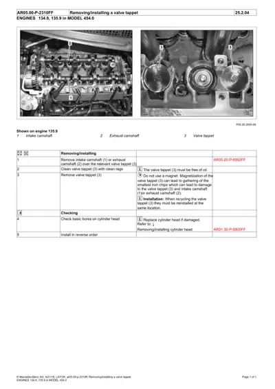 Engine photos showing camshafts and valve tappets with numbered callouts and service procedure table.