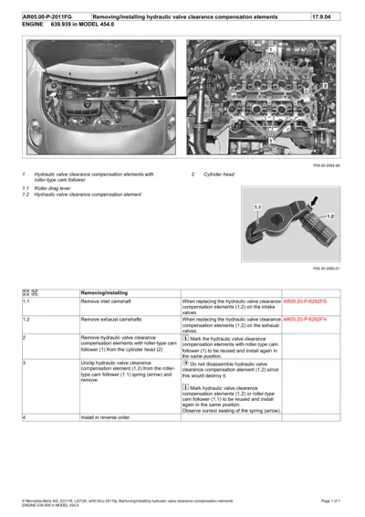 Engine bay photo and cylinder head diagram showing hydraulic valve clearance compensation parts with numbered callouts and removal/installation steps.