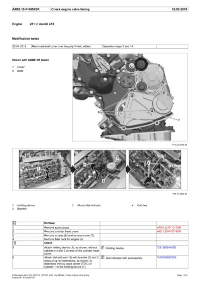 Smart 453 engine 281 valve timing check with labeled callouts for holding device, bracket, mount dial indicator, and catches.