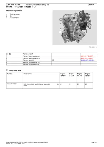 Engine diagram showing chain tensioner, bolt, and tensioning rail components with numbered callouts and service procedure table.