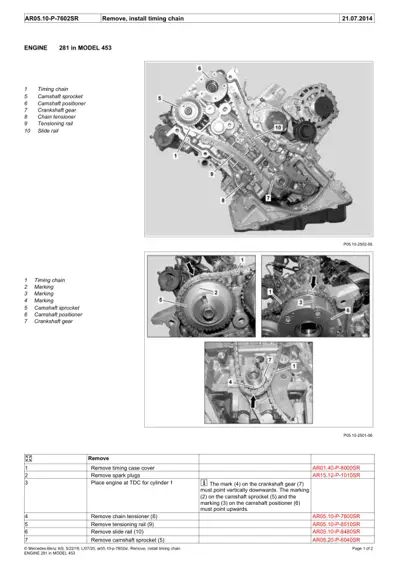 Engine timing chain assembly diagram with labeled components and step-by-step removal instructions.