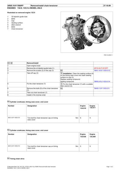 Engine diagram showing chain tensioner assembly with seven numbered parts and step-by-step removal/installation table with torque specs.