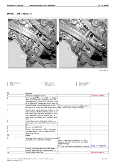 Two side-by-side engine photos showing chain tensioner components labeled 1-6, with removal and installation steps table below.