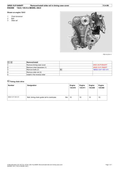 Engine diagram showing chain tensioner, bolt, and slide rail with removal/installation procedure table and torque specs