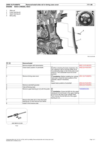 Engine timing case with numbered callouts showing slide rail, bearing pins, and belt pulley components for smart 454.