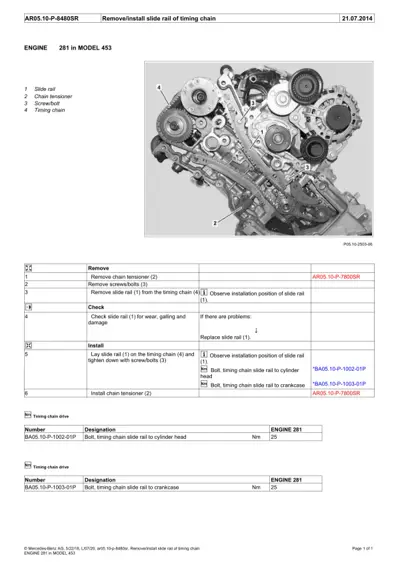 Timing chain assembly diagram showing slide rail, tensioner, and chain components on 453 engine.