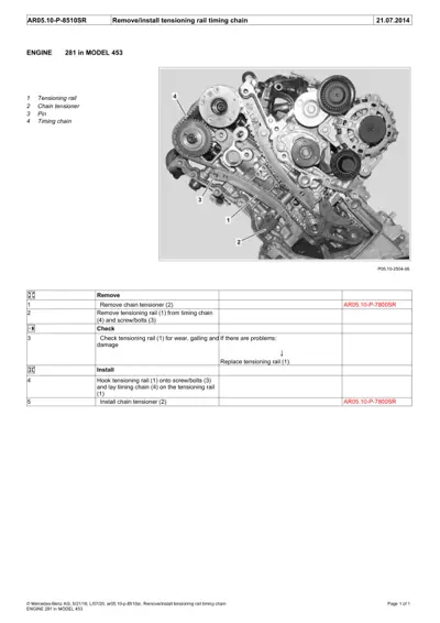 Engine timing chain assembly diagram with four numbered components and removal/installation procedure table.