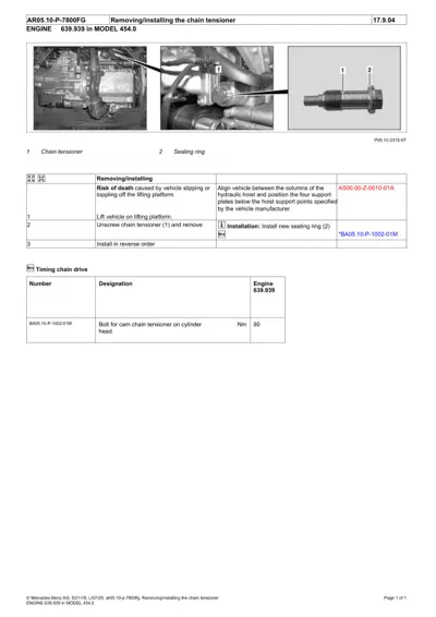 Chain tensioner assembly diagram with numbered callouts and service procedure table for Smart Fortwo 454.