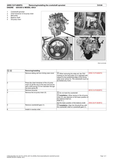 Engine diagram showing crankshaft sprocket location with callout labels 1-5 and four detailed photos of removal process.