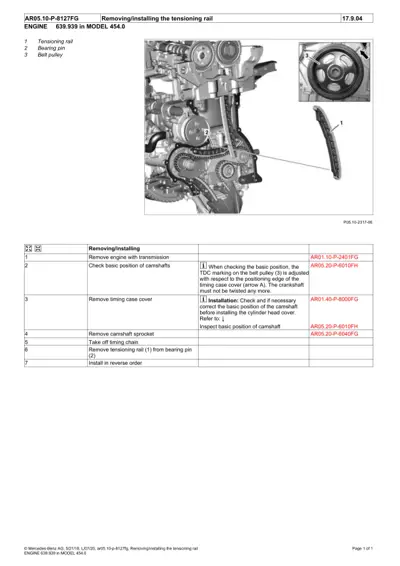 Engine tensioning rail removal diagram with bearing pin and belt pulley callouts for Smart 454.0