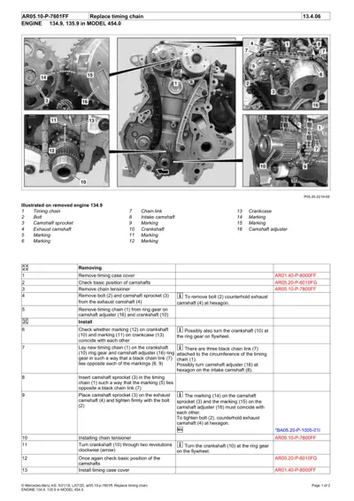 Engine timing chain components with 16 numbered callouts on removed 134.9 engine.