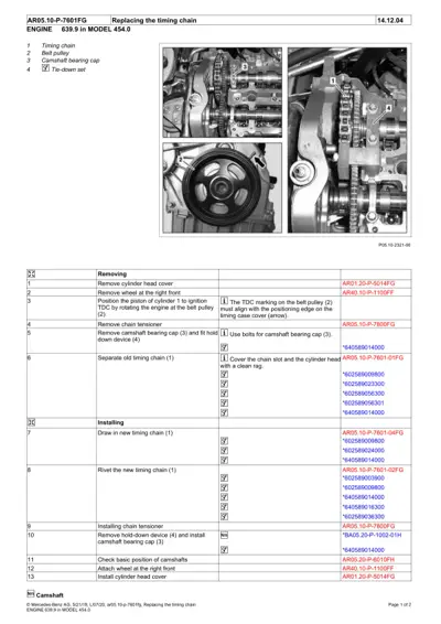 Service manual page showing timing chain components and numbered removal and installation steps for Smart 454 engine