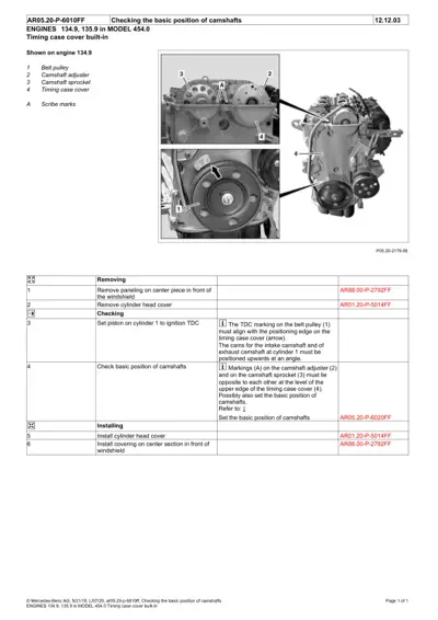 Engine camshaft inspection diagram showing belt pulley, adjuster, sprocket, and timing case cover with numbered callouts.