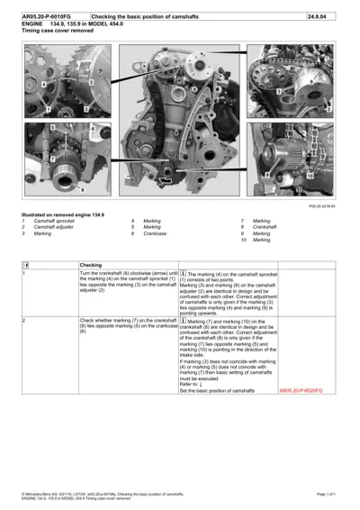 Engine block with numbered callouts indicating camshaft sprocket, adjuster, and marking positions for alignment.