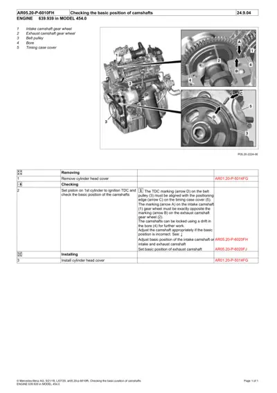 Engine camshaft timing diagram with callouts A-D showing gear wheels and timing case cover markings.