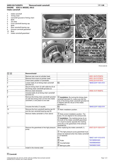 Engine camshaft service diagram with labeled parts and step-by-step removal instructions for Smart 454 model.