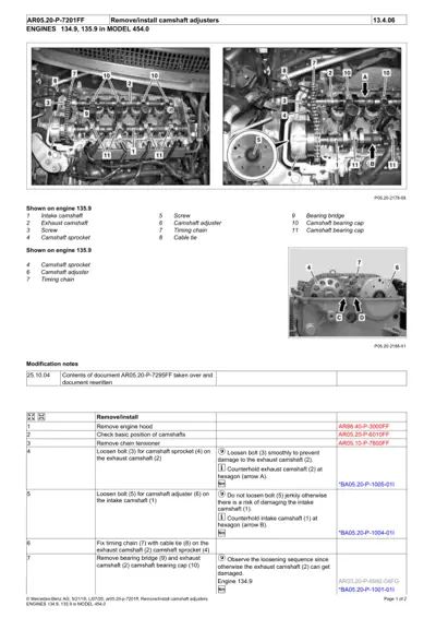 Engine block showing intake and exhaust camshafts with numbered callouts for adjuster removal steps.