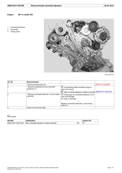 Diagram of engine 281 showing camshaft positioner, screw bolt, and timing chain components with three numbered callouts.