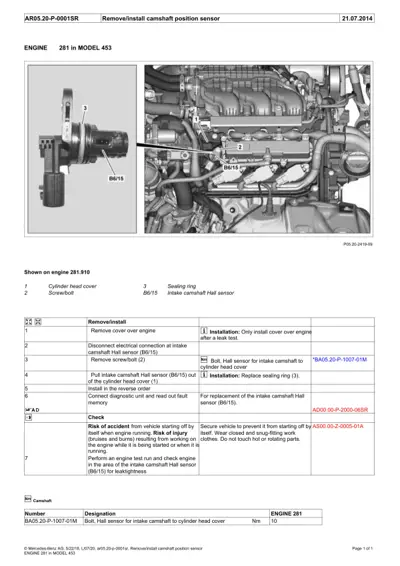 Camshaft position sensor removal and installation procedure with engine component diagram.