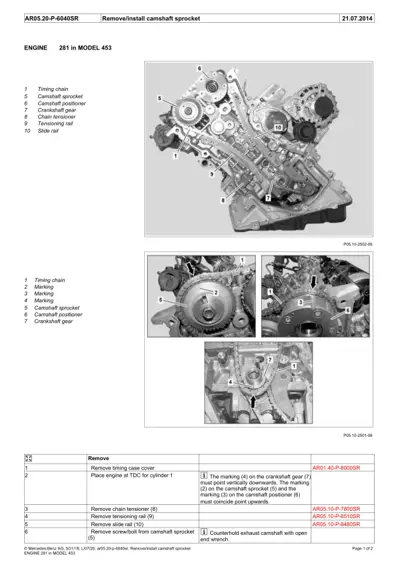 Engine 281 model 453 camshaft sprocket removal diagram with callouts and multi-view details