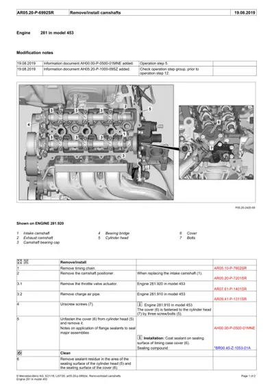 Engine diagram showing intake and exhaust camshafts, bearing caps, and cylinder head with seven numbered callouts and procedural table.