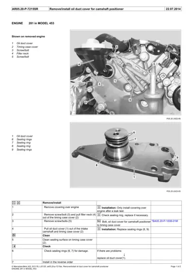 Engine diagram with numbered callouts showing oil duct cover components and exploded view of sealing rings assembly.