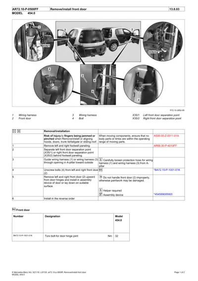 Front door removal service procedure with numbered callouts showing hinge bolts, wiring harnesses, and door separation points.