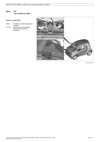 Diagram of smart car 453 cockpit wiring connectors with callout labels and location photos