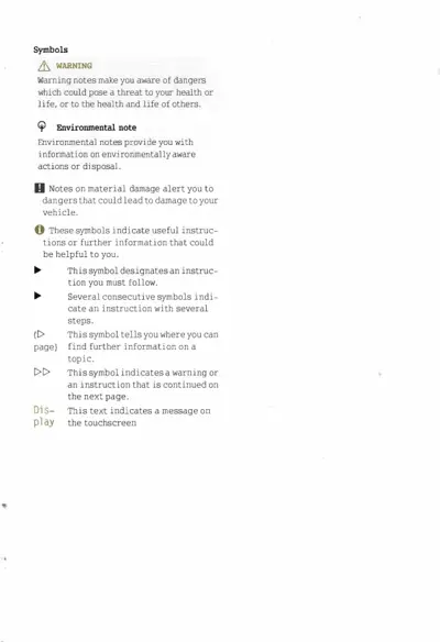 Key explaining six symbols and their meanings in the manual: warning triangle, environmental note, material damage alert, instructional symbols, page reference, and display messages.