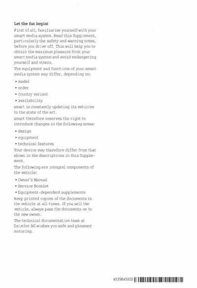 Text page with heading 'Let the fun begin!' and paragraphs about familiarizing yourself with smart media system